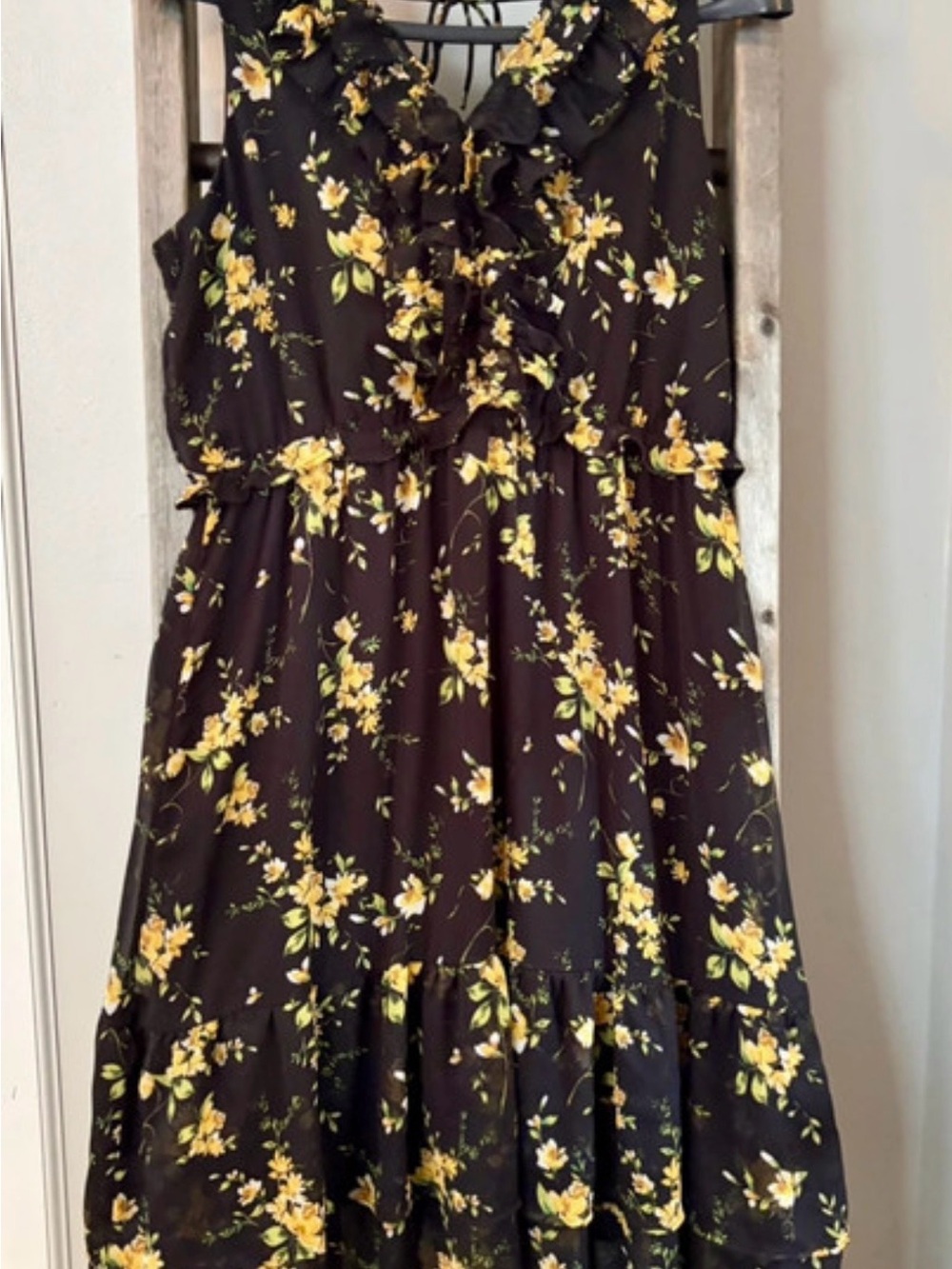 Maurices Black Midi Dress with Yellow Floral Ruffle Detail